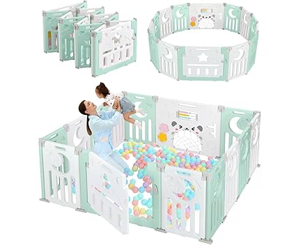Baby Playpen, Dripex Baby Playard for Babies and Toddlers, 14-Panel Foldable Playpen Adjustable Portable Play Area, Indoor/Outdoor Kids Active Center with Game Panel & Safety Gate, Light Green White