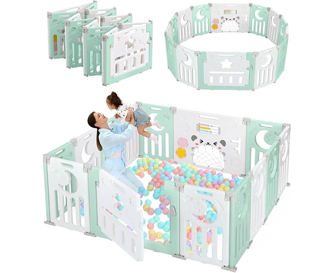 Baby Playpen, Dripex Baby Playard for Babies and Toddlers, 14-Panel Foldable Playpen Adjustable Portable Play Area, Indoor/Outdoor Kids Active Center with Game Panel & Safety Gate, Light Green White