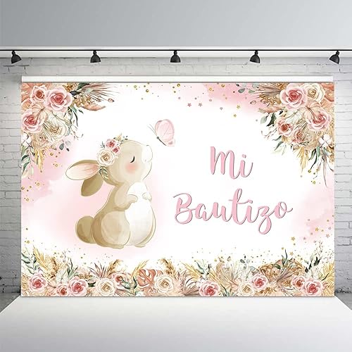 Miniatura 7 de MEHOFOND Telón de fondo de bautismo Mi Bautizo de 7 x 5 pies, Dios bendiga la primera comunión, conejito de bautizo, acuarela, rosa, floral, recién