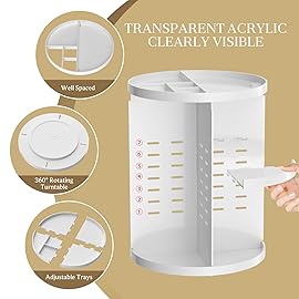 HEMTROY Makeup Organizer 360 rotating, Adjustable Skincare Organizers with Brush Holder, Cosmetics Display Cases for Vanity Bathroom Countertop Large Capacity Carousel Make up Caddy Shelf (White)