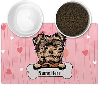 CafeTime Personalized Pet Feeding Mat with Funny Dog Yorkie Peeking Heart Pink Background, 12