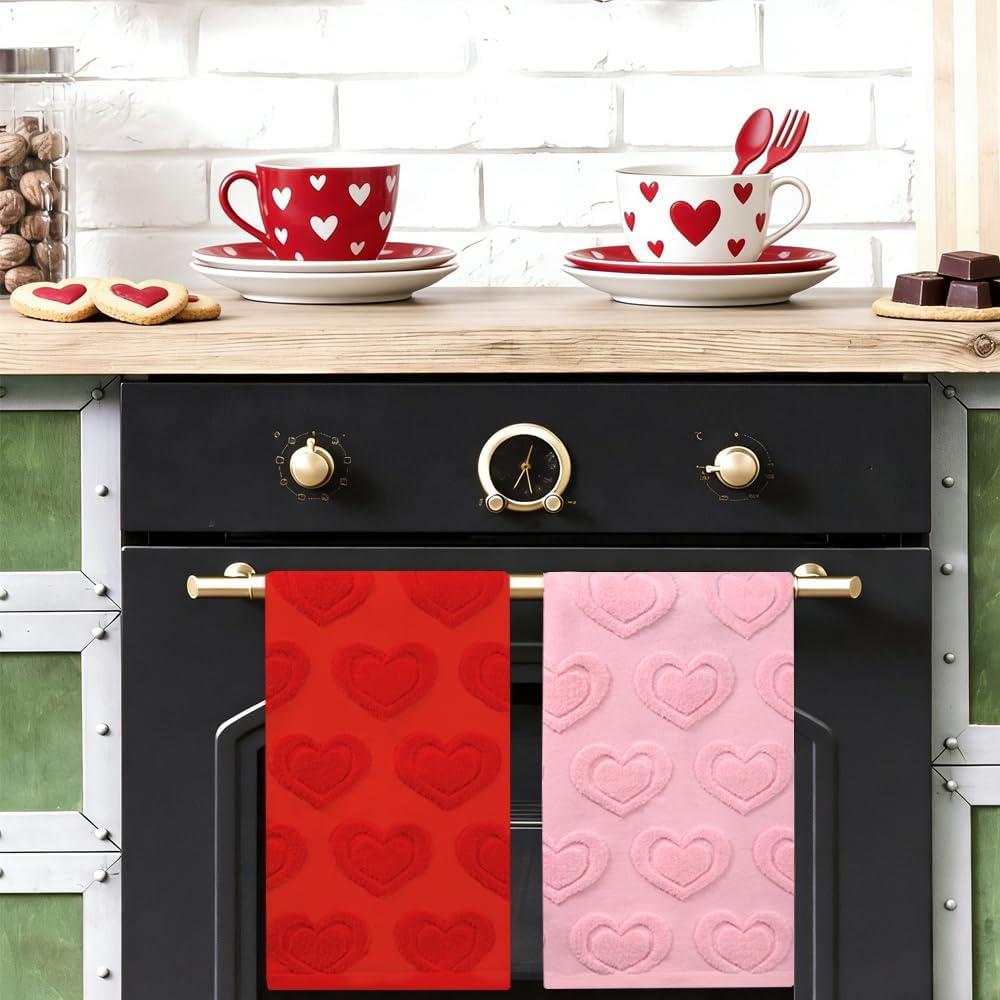 2PCS Valentine’s Day Hand Towels,Red Pink Love Heart Bath Towels Set 100% Cotton Decorative Soft Absorbent for Holiday Decorative Cooking Cleaning Drying 13.7 x 29.5 Inch - Image 7