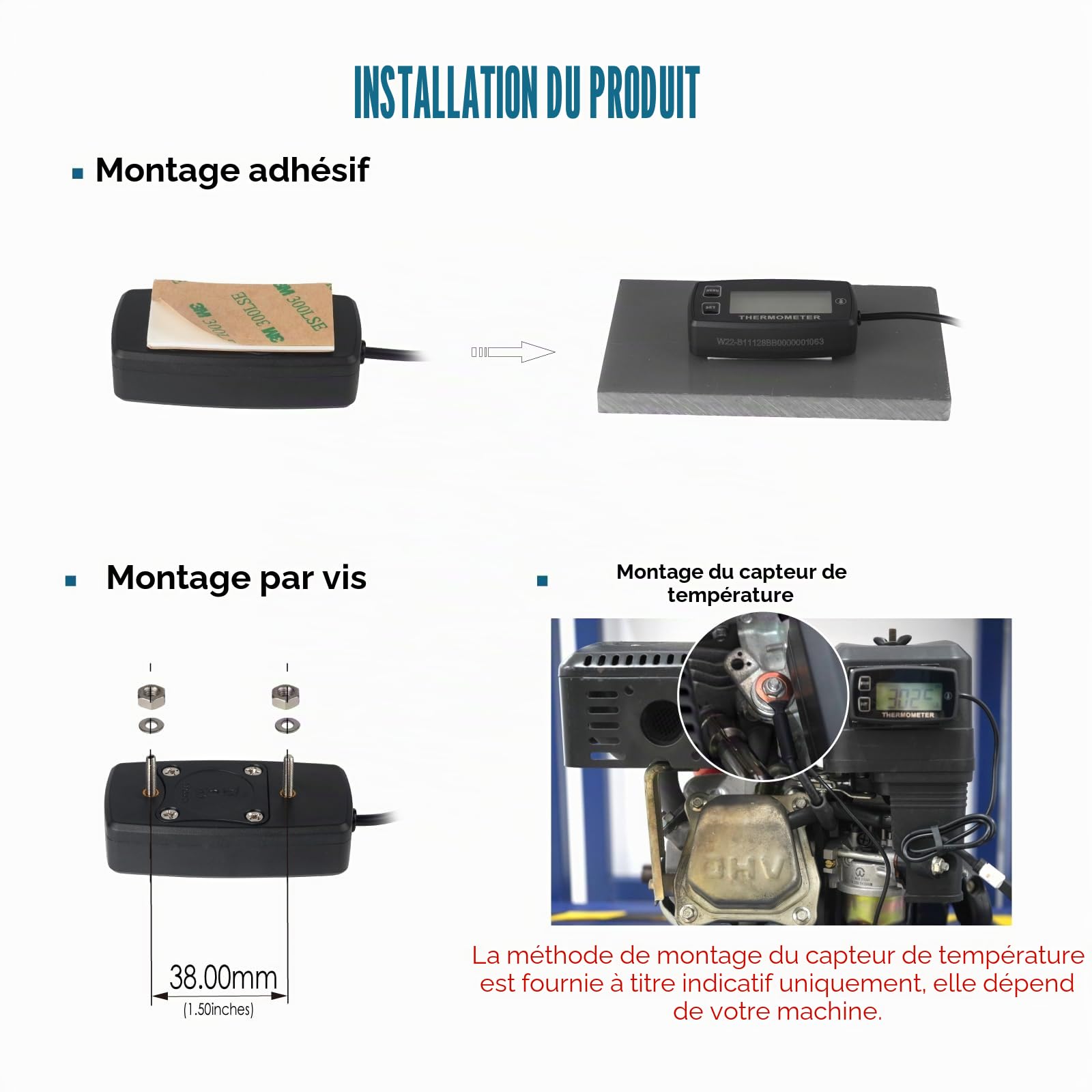Jauge de température du moteur LCD numérique Runleader, alerte de surchauffe, rétroéclairage vert, batterie remplaçable pour moto générateur Dirtbike ATV hors-bord Motoneige marine