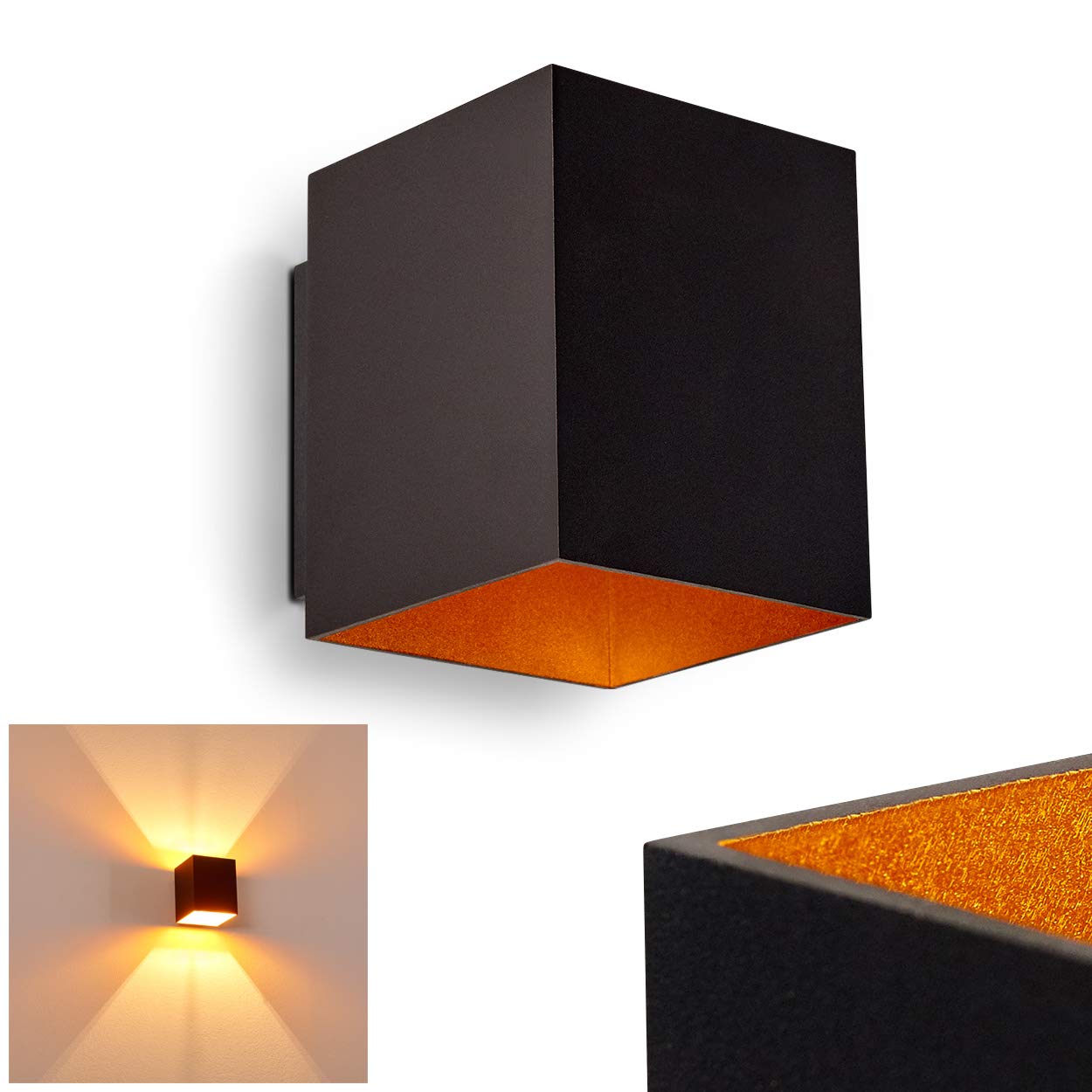Laforsen wall lamp in Metal in Black/Gold, Modern wall Light with Light Effect, 1 x G9 Socket, Cube/Indoor wall Light with up & Down Effect, Without Bulbs