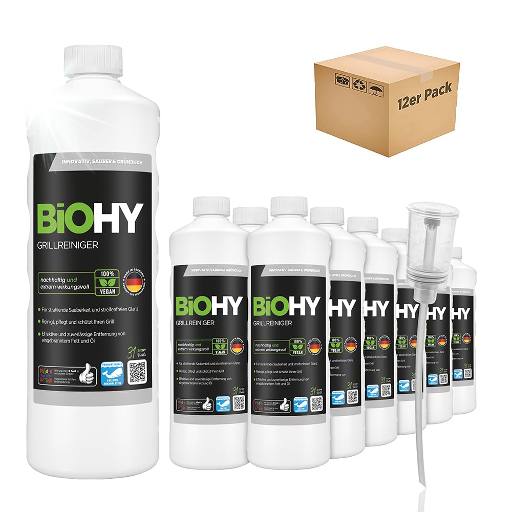 BiOHY Limpiador de parrillas (12 botellas de 1 litro) + Dosificador | limpiador para barbacoa de carbón vegetal, gas y eléctrica | espuma activa contra la grasa quemada y el aceite (Grillreiniger)