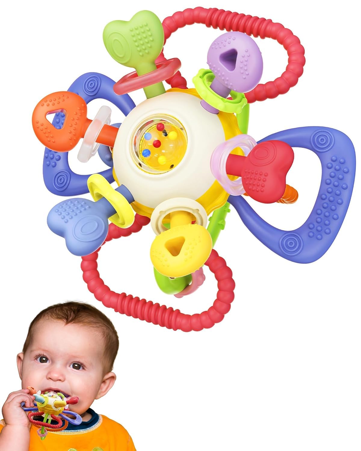 Infinno Baby Greifball & Rassel,BPA-freies Silikon Beißring-Spielzeug für 0-12 Monate, Multifunktionales Montessori Baby Geschenk Mit Leuchtenden Farben