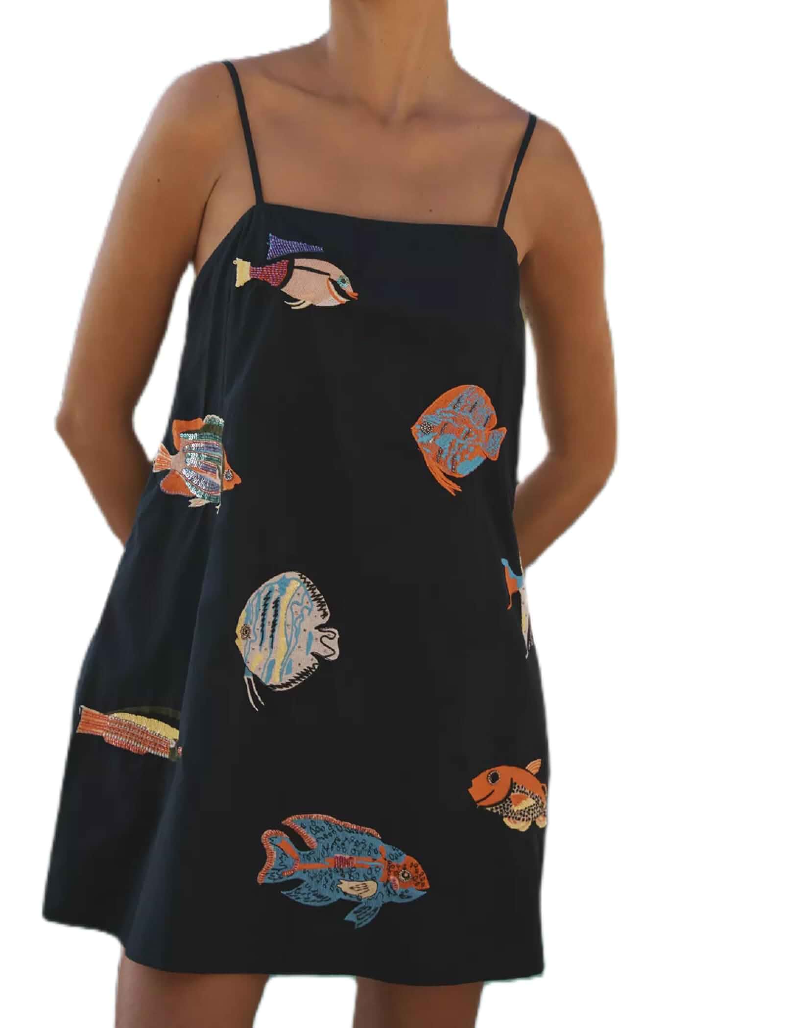 ROAONOCOMO Women Boho Graffiti Cami Mini Dress Spaghetti Strap Printed A Line Short Dress Cute Colorful Sundress
