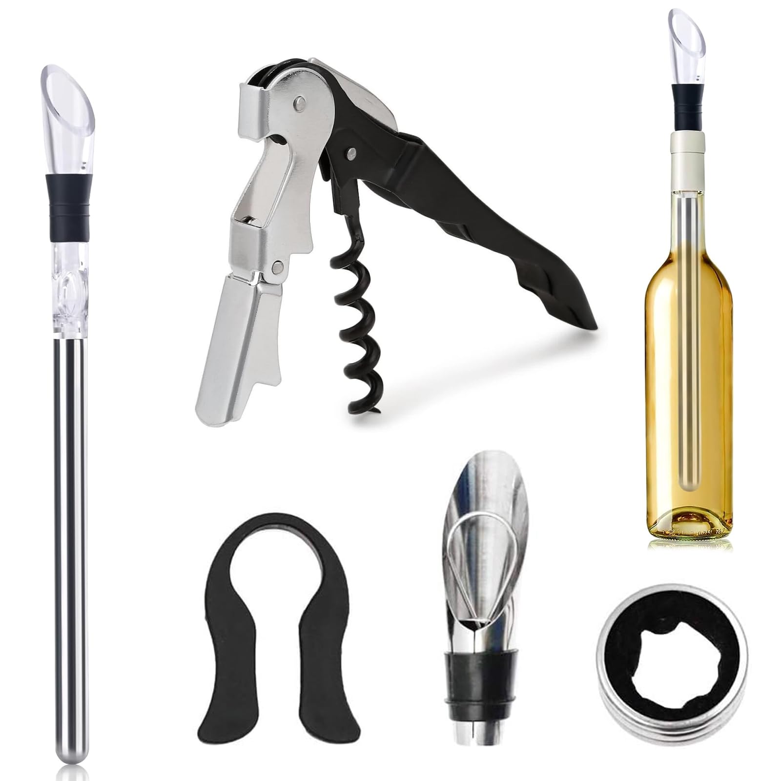 Lumeclat Set de Enfriador de Vino 8-en-1, con Varillas Refrigerantes, Decantador, Vertedor, Tapón de Botella y Abridor de Vino Multifuncional de Acero Inoxidable, Accesorios para Vino Blanco y Tinto