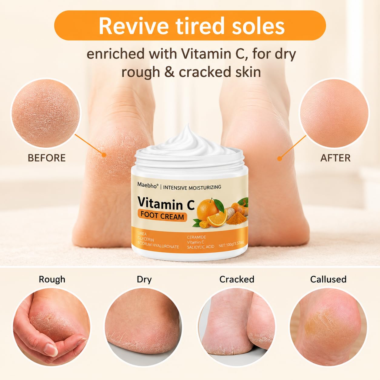 Vitamin C Foot Cream for Dry Rough Feet, Moisturizing Heel Cream with Urea, Ceramide & Salicylic Acid, Hydrating Foot Moisturizer, Daily Foot Care Formula for Soft Smooth-Looking Skin image 3