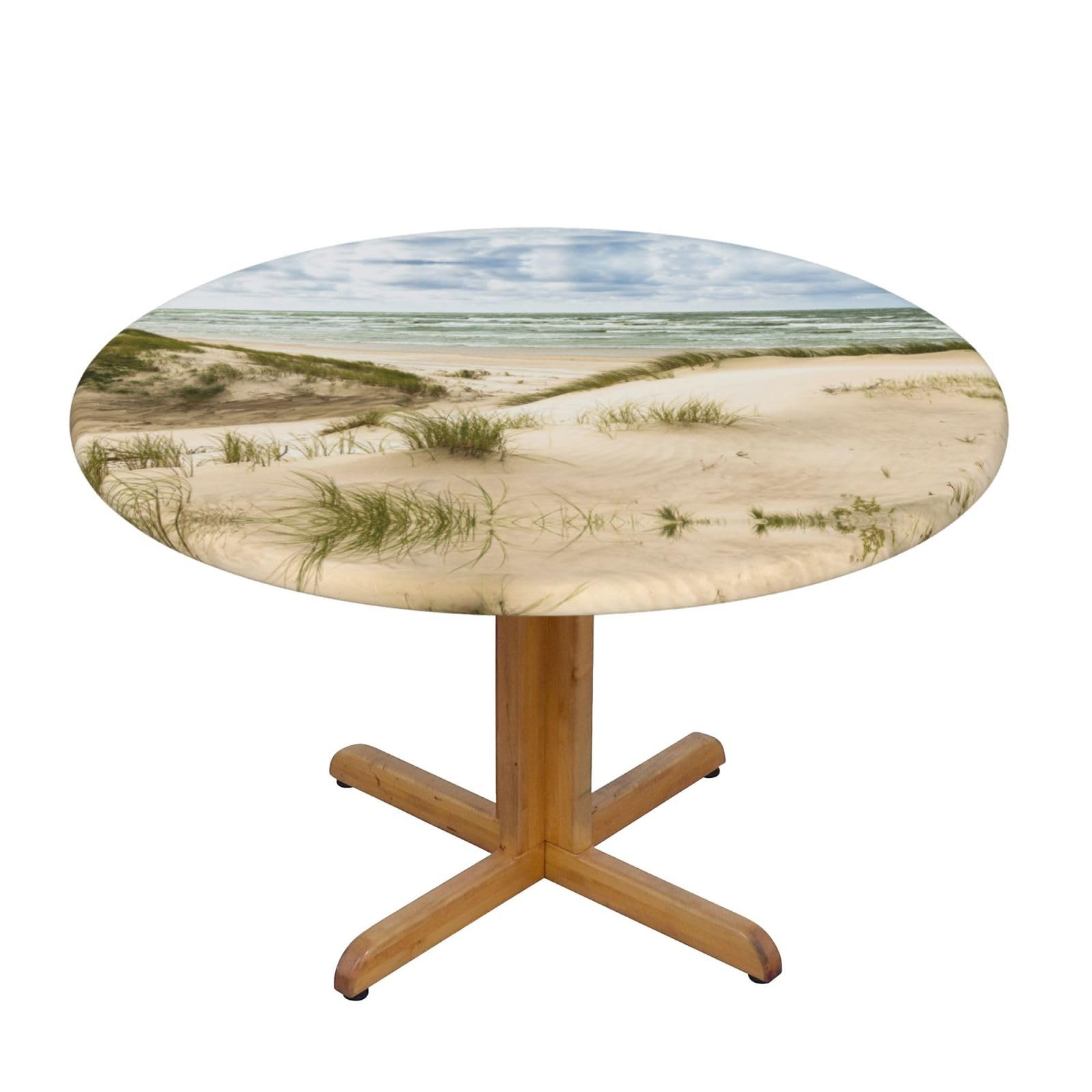 EZDLOWVBA Seaside Grand Tidal print Round Tablecloth with Elastic Fits Tables Outdoor Tablecloth,Stain Resistant Table Cover for Kitchen Dining Parties