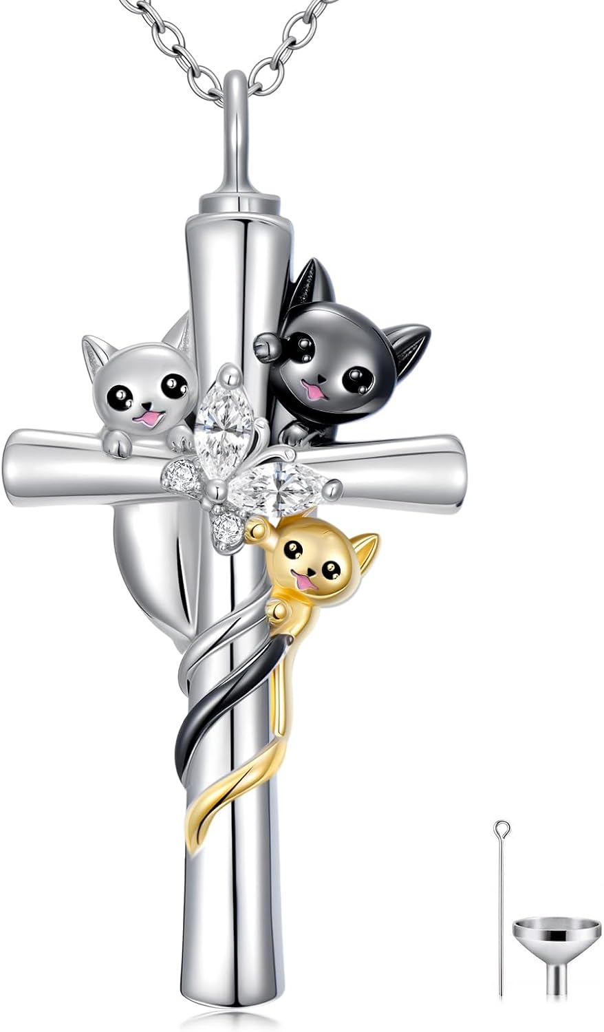 TOUPOP Cat Cross Urn Necklaces for Ashes S925 Sterling Silver Butterfly Cremation Jewelry Memorial Keepsake Jewelry with Funnel Filler for Women Men