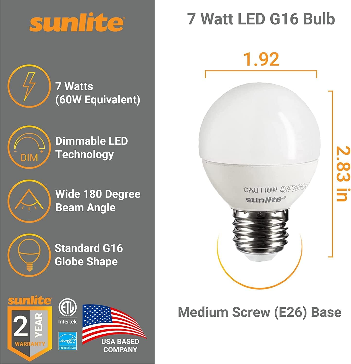 Sunlite LED G16 Globe 7W (60W Equivalent) Light Bulb Medium (E26) Base, Warm White 3 Pack