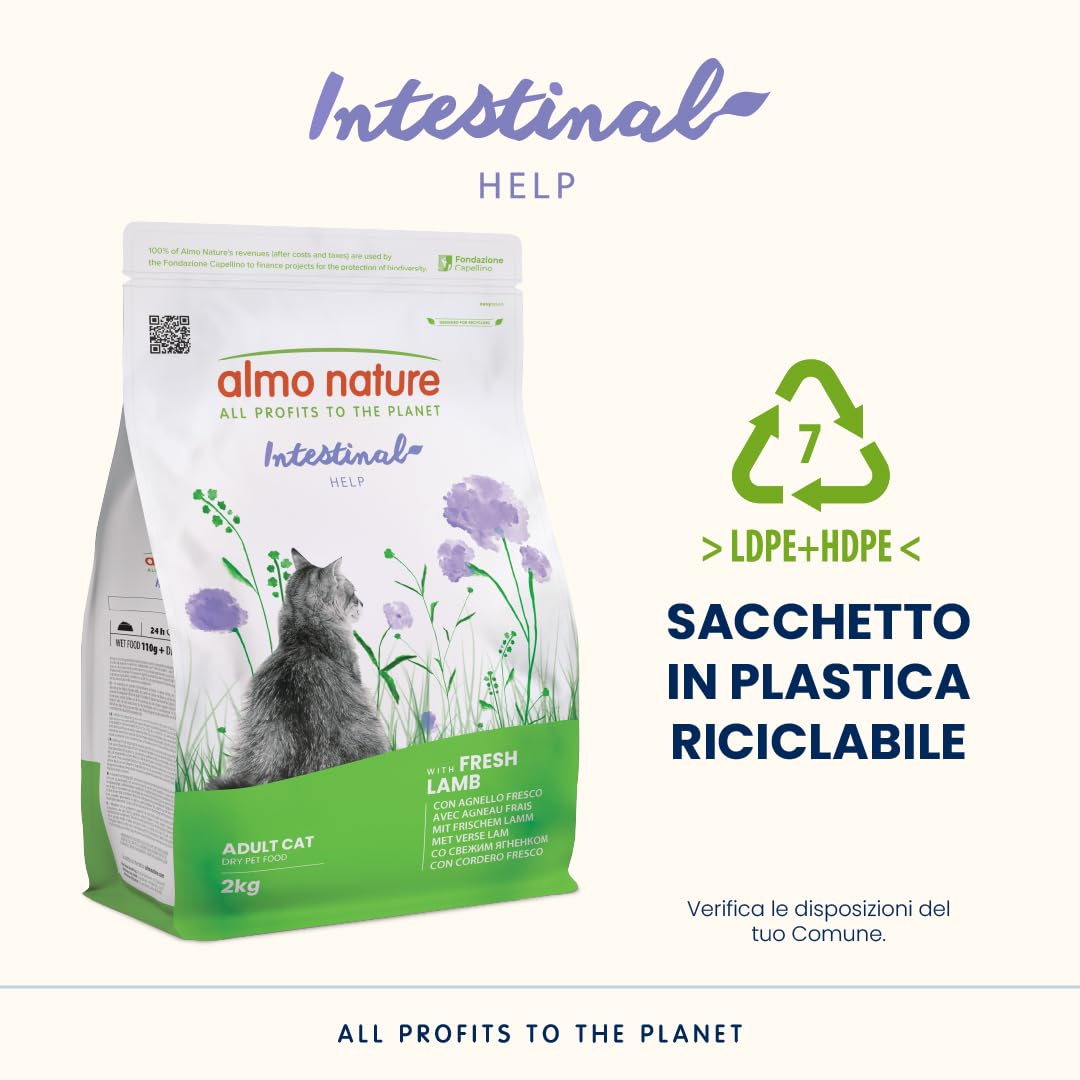 Almo Nature Intestinal Help - Crocchette Gatto con Agnello Fresco - Supporta la Funzione Intestinale con Prebiotici e Minerali - 2 kg