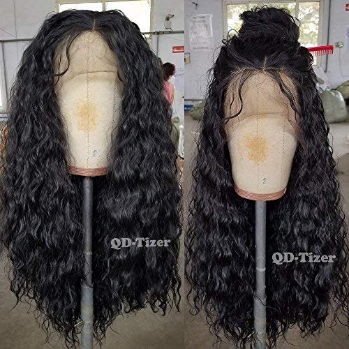 QD-Tizer 180 Density Long Loose Curly Synthetic Lace Front Wigs Black Color Hair for Fashion Women