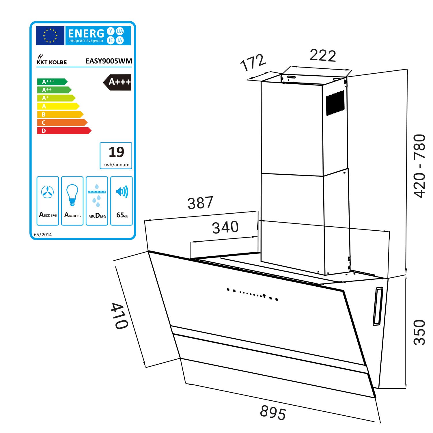 KKT KOLBE EASY9005WM okap kuchenny 90 cm, 782 m³/h, obieg powietrza, bez głowicy, okap ścienny, aplikacja Smart WiFi, Wi-Fi, oświetlenie RGBW