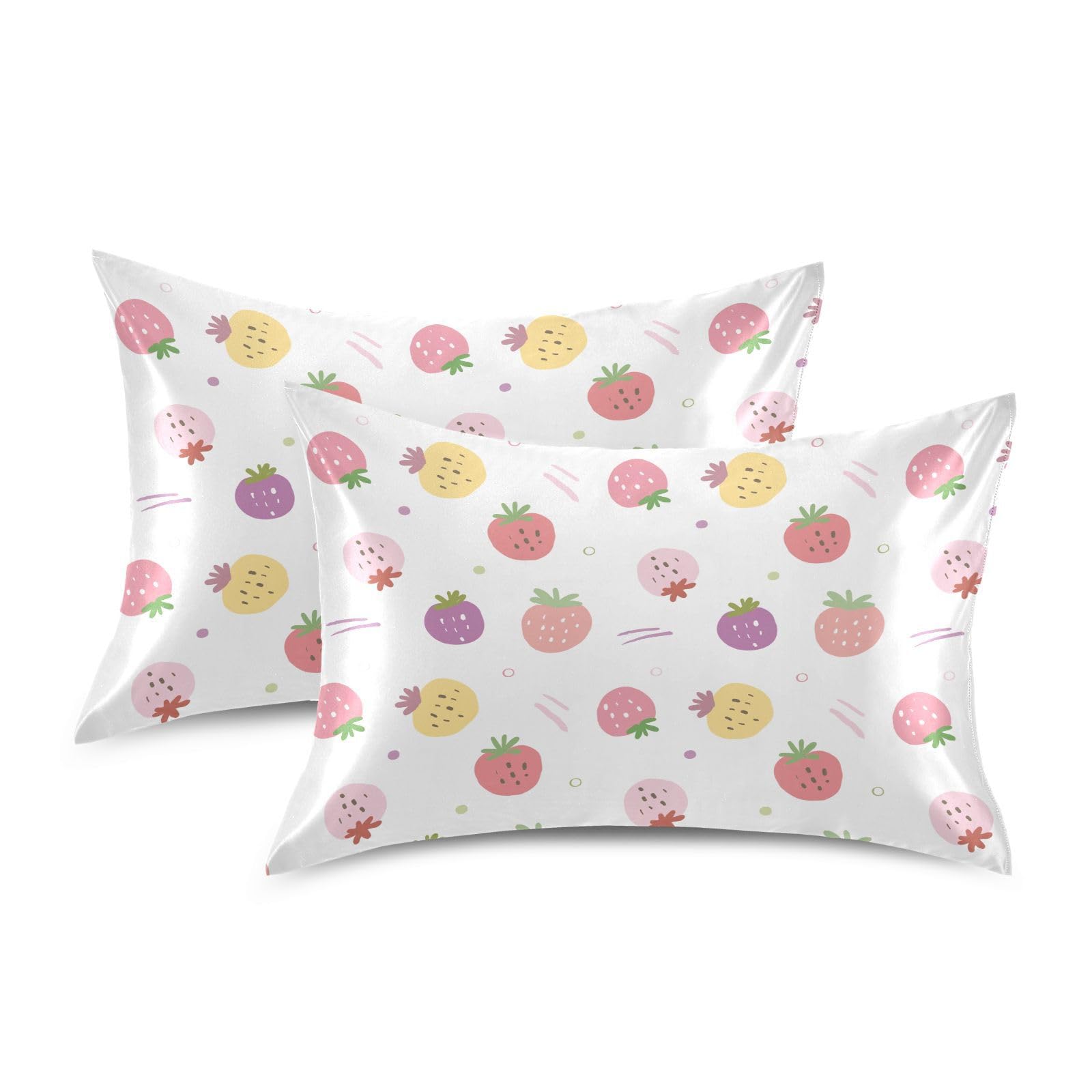 Strawberry Design on White Breathable Cool Silky Soft Moisture Wicking for Hot Sleepers, Hair and Skin Friendly, Smooth Dual Sides Silks Pillow Cover