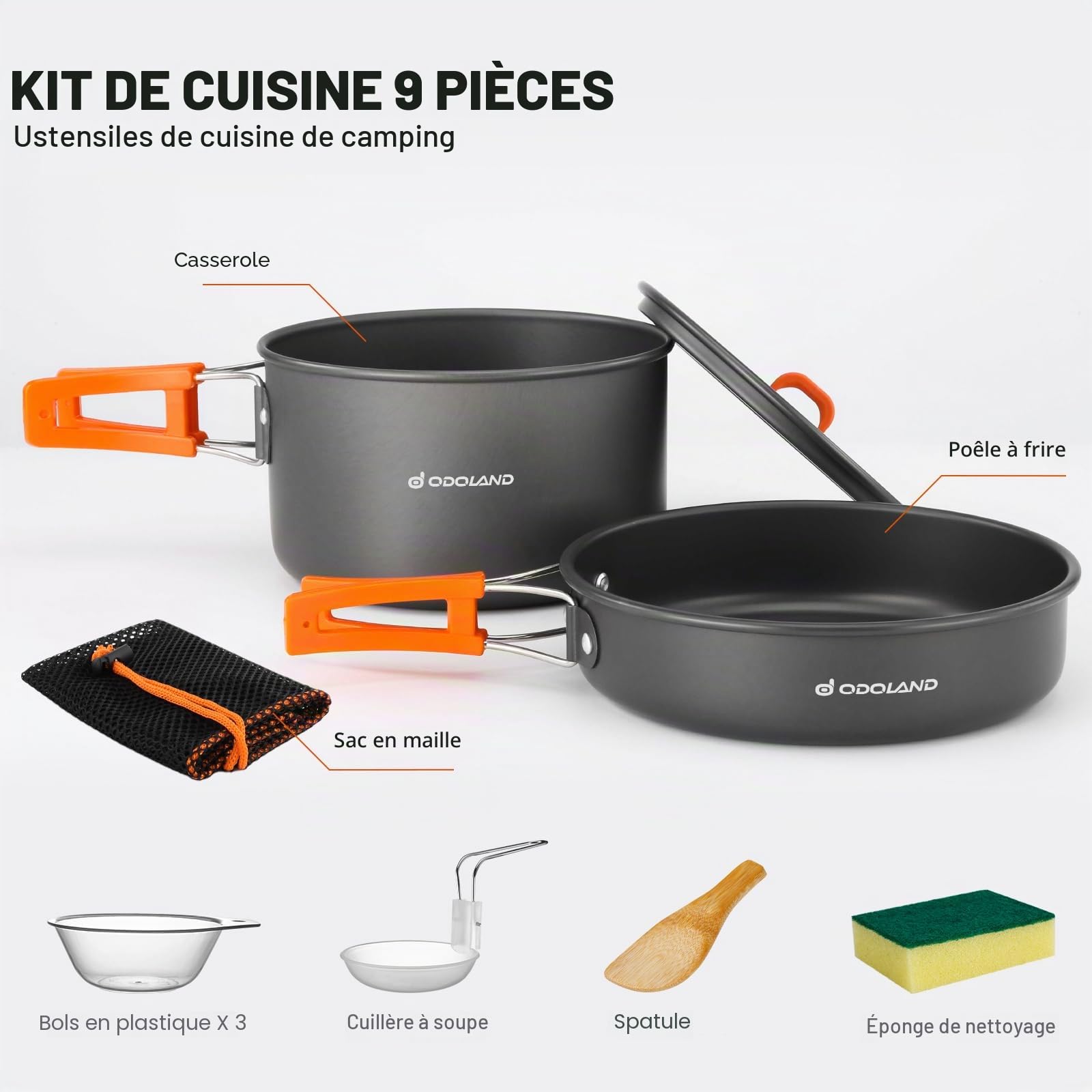 Odoland Kit de Casseroles Camping Portable, Antiadhésif Casserole Légère Set avec Bol en PP pour Le Camping, Sac à Dos, Cuisine en Plein Air et Pique - Nique
