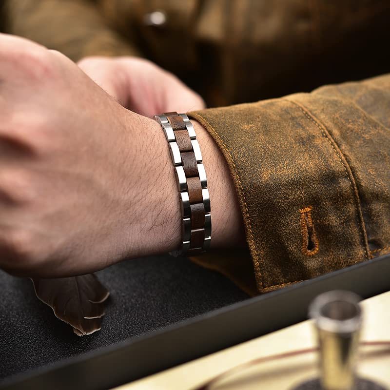 Herren Edelstahl Armband mit Edlen Holz Elementen Inklusive Geschenkbox und Werkzeug für die Größenanpassung 20 cm Länge, Massive und Stabile Ausführung