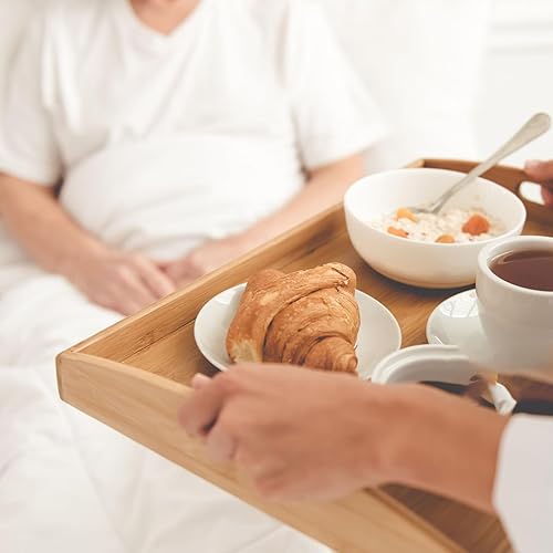 Miniatura 6 de Krimax - Bandeja de servir con asas, bandeja de bambú para desayuno, bandejas de madera, bandeja decorativa para comer, trabajar, almacenar,