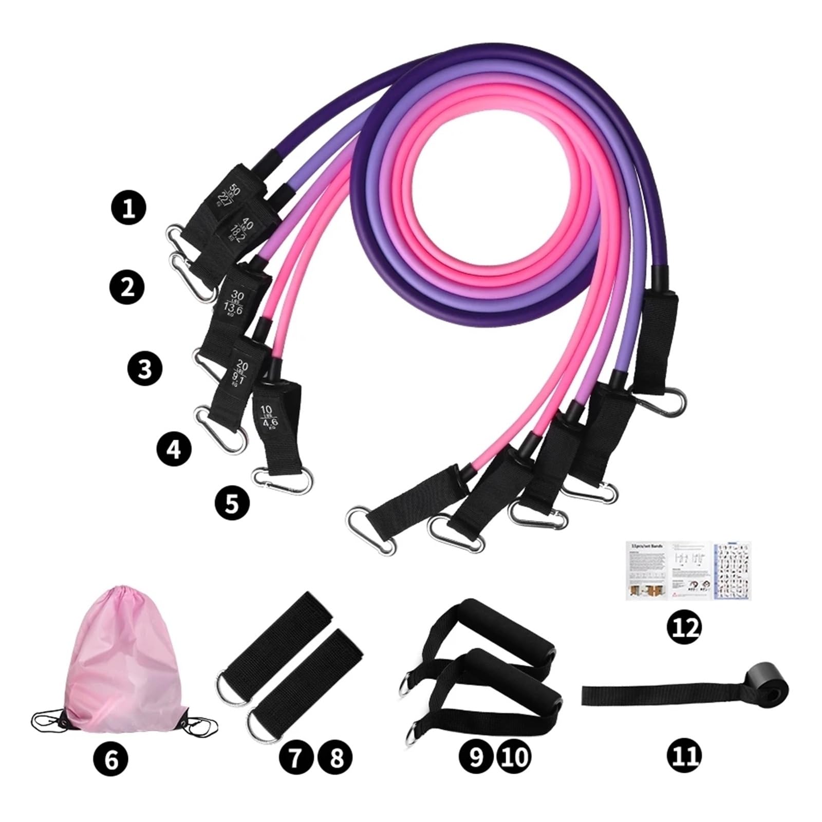Zestaw Premium Fitness Resistance Bands do treningu domowego, opaski do ćwiczeń z kotwicą do drzwi, uchwytami i paskami do jogi, pilatesu, treningu siłowego i terapii fizycznej (HLG lan)
