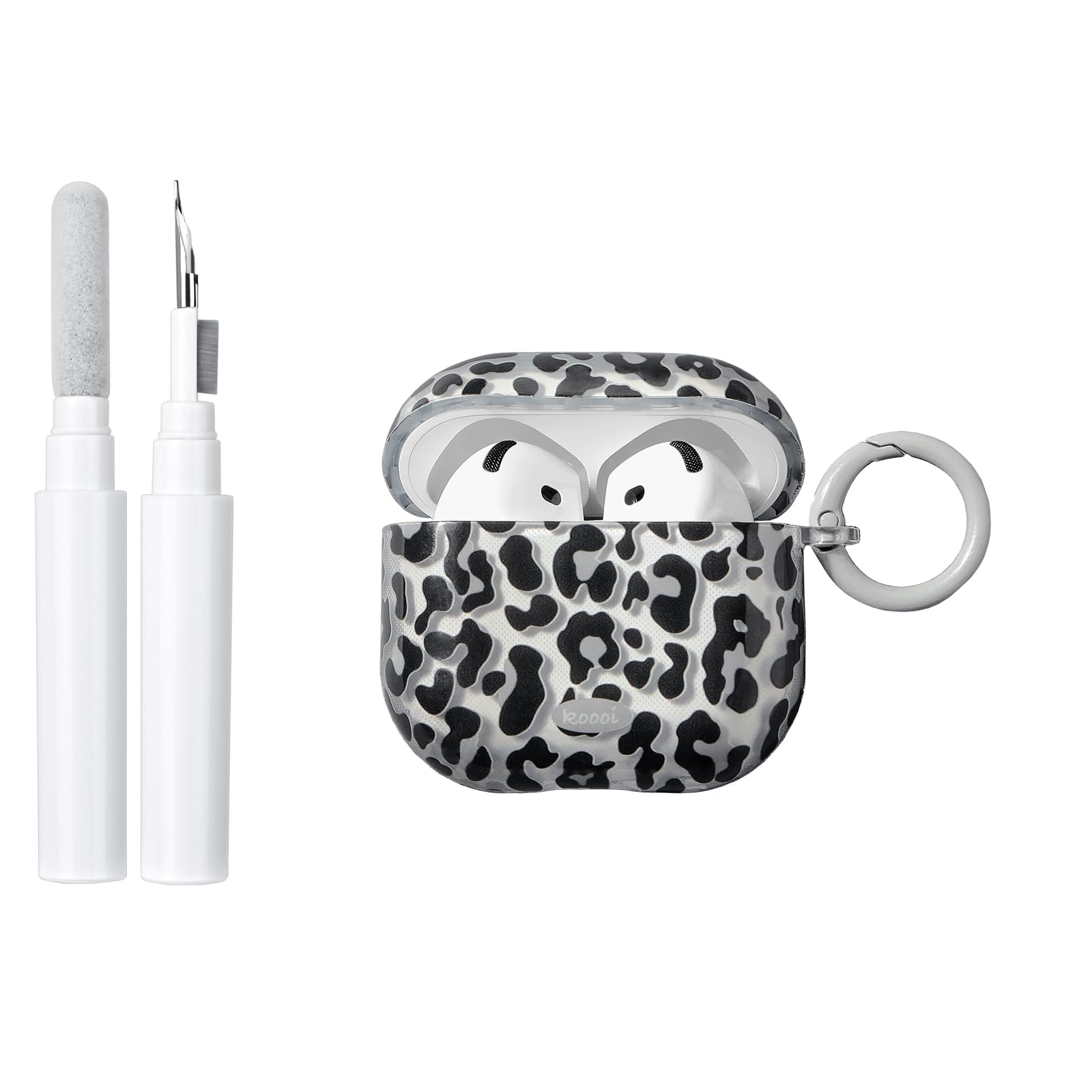 Coque AirPods 4 TPU Transparent Motif Léopard avec Kit de Nettoyage et Porte-Clés, Noir Léopard