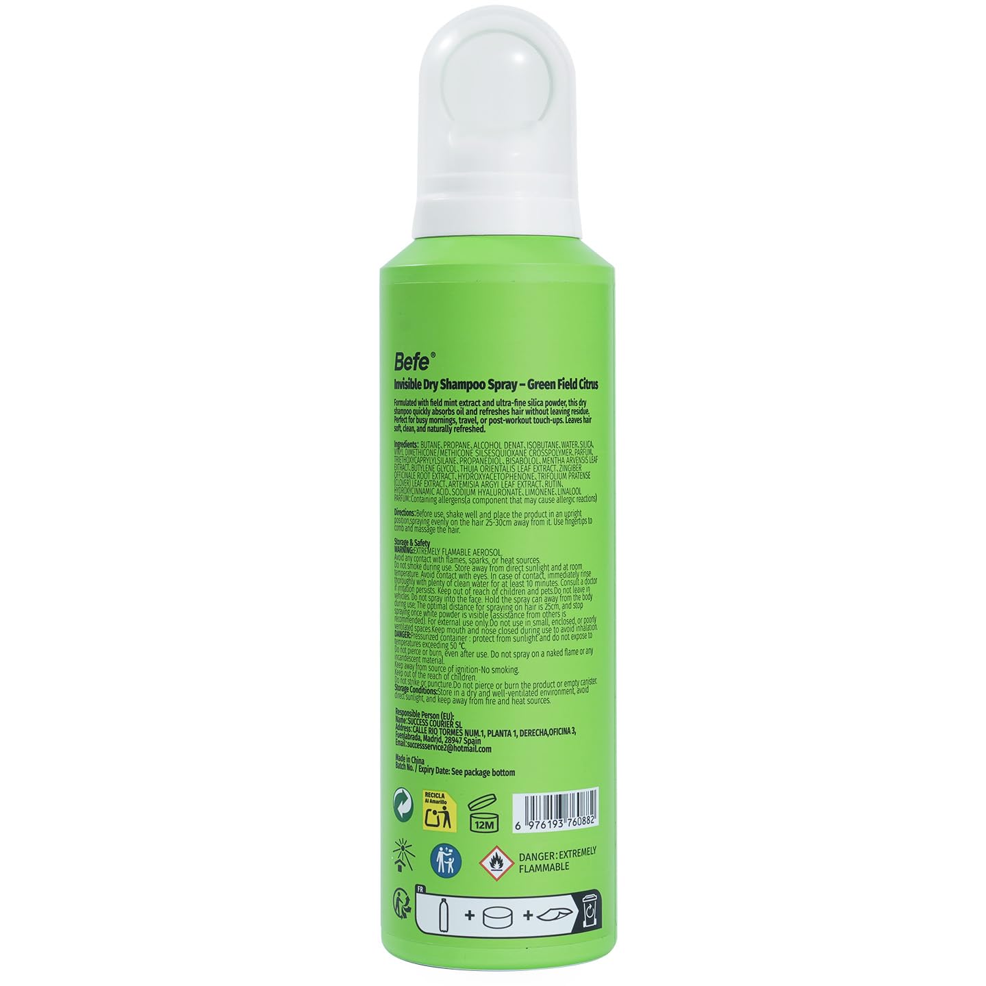 Befe Champú Seco para Cabello/Pelo Graso – Sin Residuos Blancos, Volumen Instantáneo, Spray Fino y Ligero, Cabello Limpio sin Lavar el Pelo, Refresca al Instante (1 PCS)
