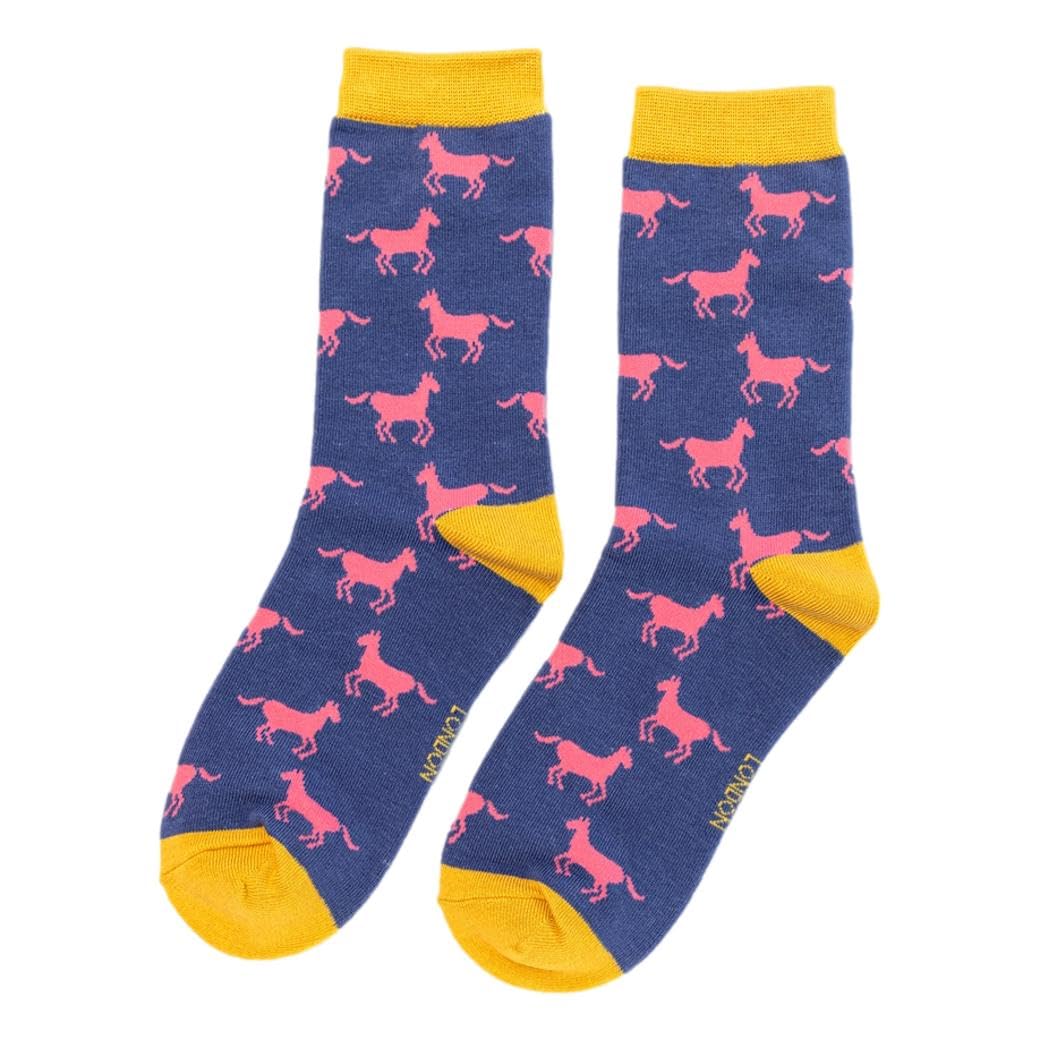Mr Sparrow Horses on Denim Blue Womens Novelty Ankle Socks Adult One Size