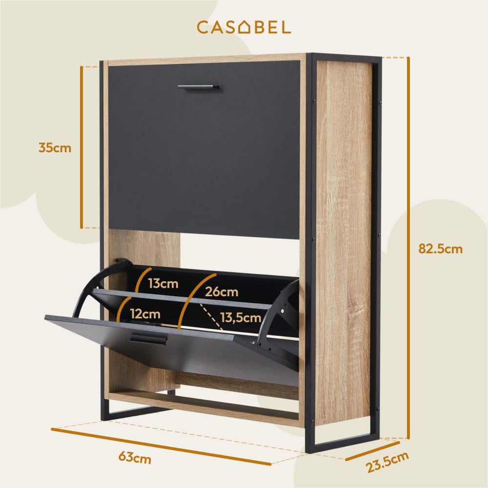 CASABEL Meuble à Chaussures Industriel 12 Paires, Noir et Cadre Bois