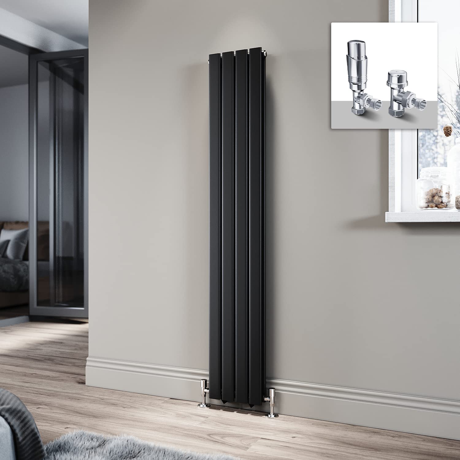 ELEGANT 1600 x 272mm Radiator Black Vertical Radiator Flat Panel Designer Radiator Double Panel Tall Upright Central Heating Radiator with Chrome Thermostatic Valves