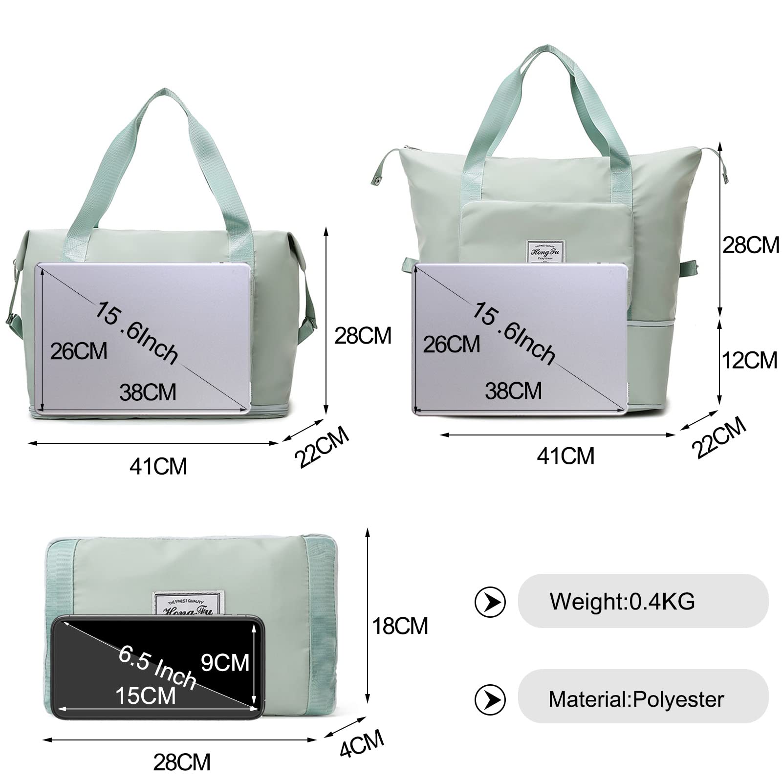 FANDARE Bolsa de Viaje Plegable Bolsa Deportivas de Gimnasio Bolsas de Viaje Mujer Hombre Bolsa de Fin de Semana Bolso Overnight Senderismo Maleta de manomochila con Zapato Compartimento Verde