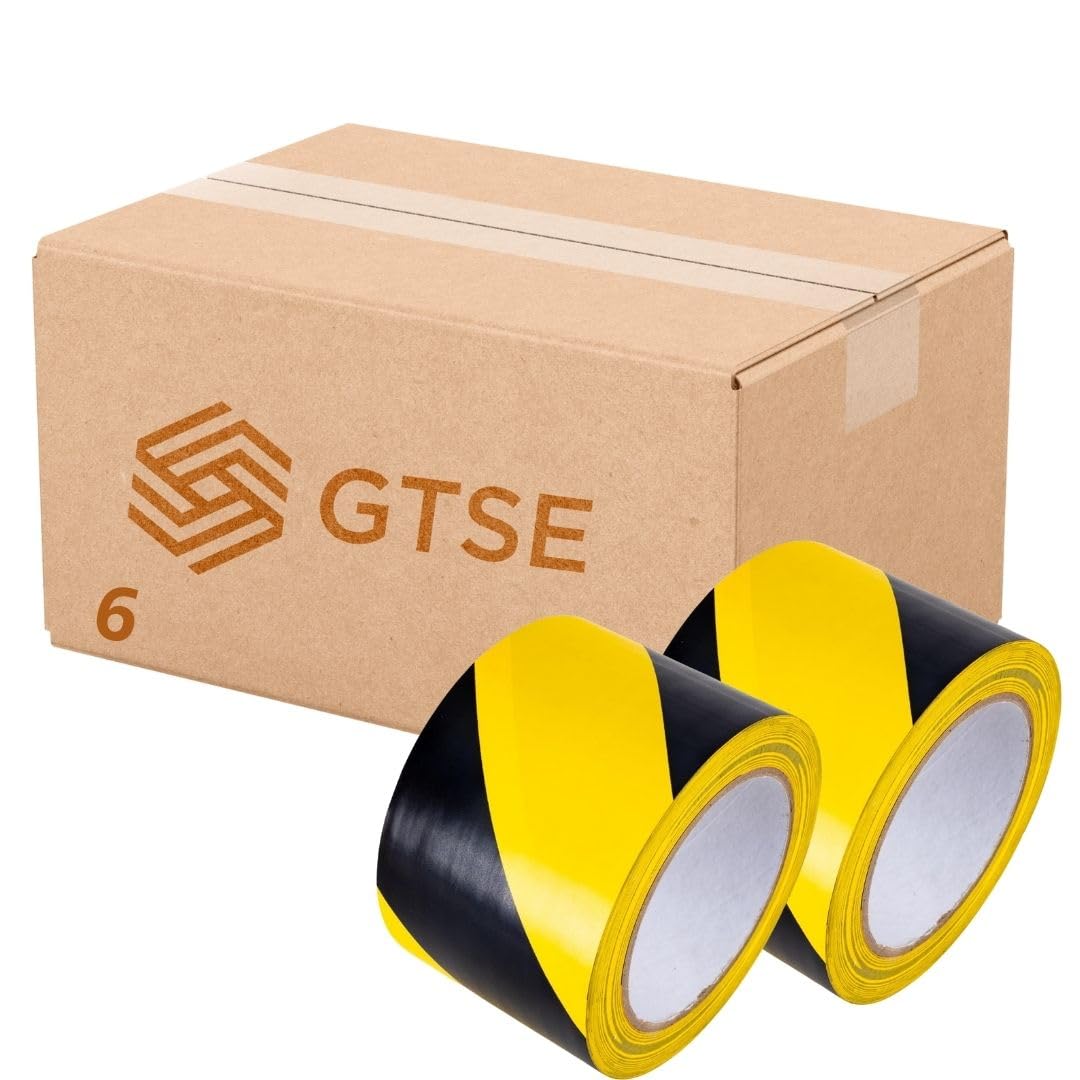 GTSE Hazard Tape Black and Yellow, 100mm (4") x 33m, Strong Adhesive Warning/Caution Tape, Floor Marking Tape, 6 Rolls