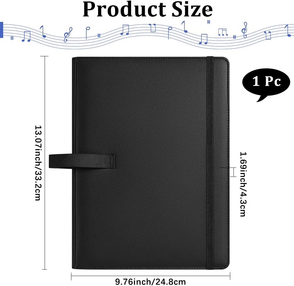 Choral Sheet Music Folder Large Black 3 Ring Choir Binder Piano Music Sheet Holder Storage with Hand Strap and Internal Retention Strap for Stage Performance Piano Playing Choir Singer