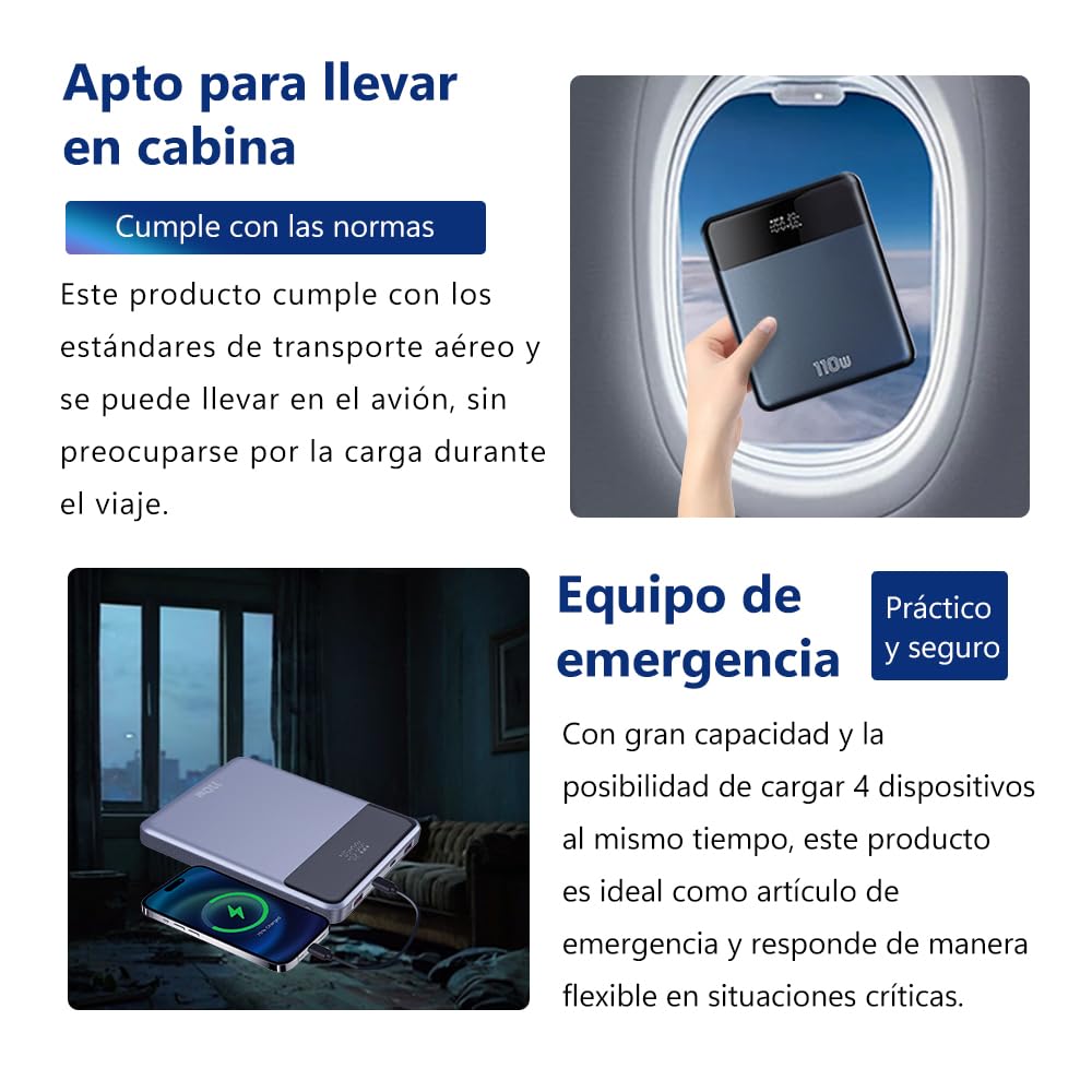 Power Bank 30000mAh 111Wh|USB-A & USB-C Entrada/Salida|Carga rápida PD 110W|4 Dispositivos a la Vez|Pantalla LCD|Compatible con iOS,móvil,Tableta,Consola,smartwatch|Viaje Emergencia,Negro