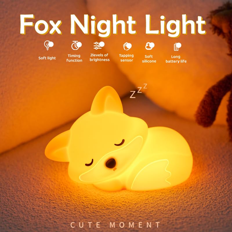 Image of S NMT Cute Silicone Fox Night Light for Kids, Rechargeable Sleeping Nursery Nightlights with Timing Function for Christmas Gift, Dimmable Beside Decoration Lamp