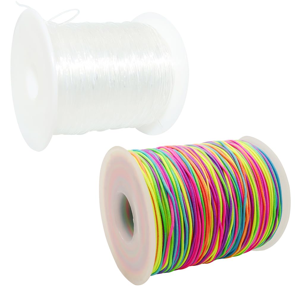 Qinglhc Clear,Rainbow Stretch Bead Cord,Elastic Bracelet String,0.8Mm Clear Beading Cord And 1Mm Rainbow Elastic Cord,Jewelry Making,Bracelet Making And Beading Supplies (2 Rolls, Each 328Ft)