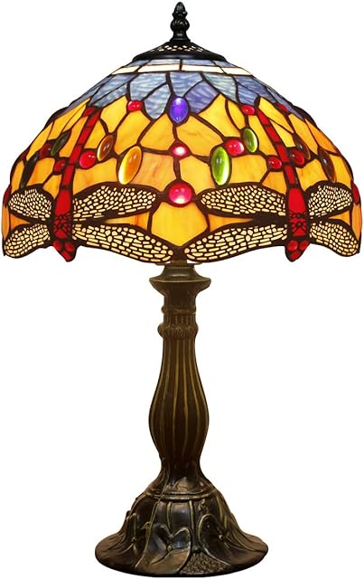 Tiffany Lamp Stained Glass Bedside Table Lamp Orange Blue Dragonfly Style Reading Desk Light 18" Tall Living Room Bedroom Vintage Banker Boho Victorian Memory Sympathy WERFACTORY
