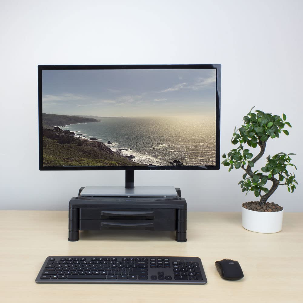 ACT AC8215 Support de moniteur extra large avec 2 tiroirs Hauteur réglable, Noir