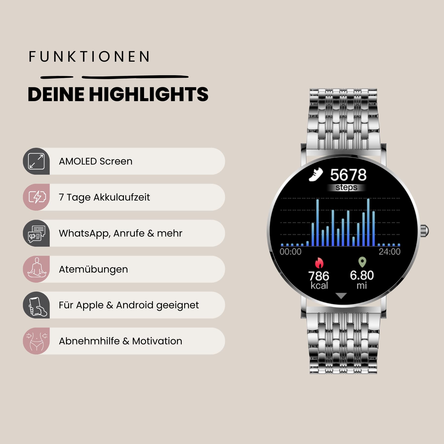 XCOAST SIONA 2 Damen Smartwatch Silber – Elegantes Strickarmband, AMOLED Display, Fitnessuhr mit Herzfrequenz, Blutdruck & SPO₂, 21+Sportmodi, IP68 wasserdicht, 7 Tage Akku, Android & iOS