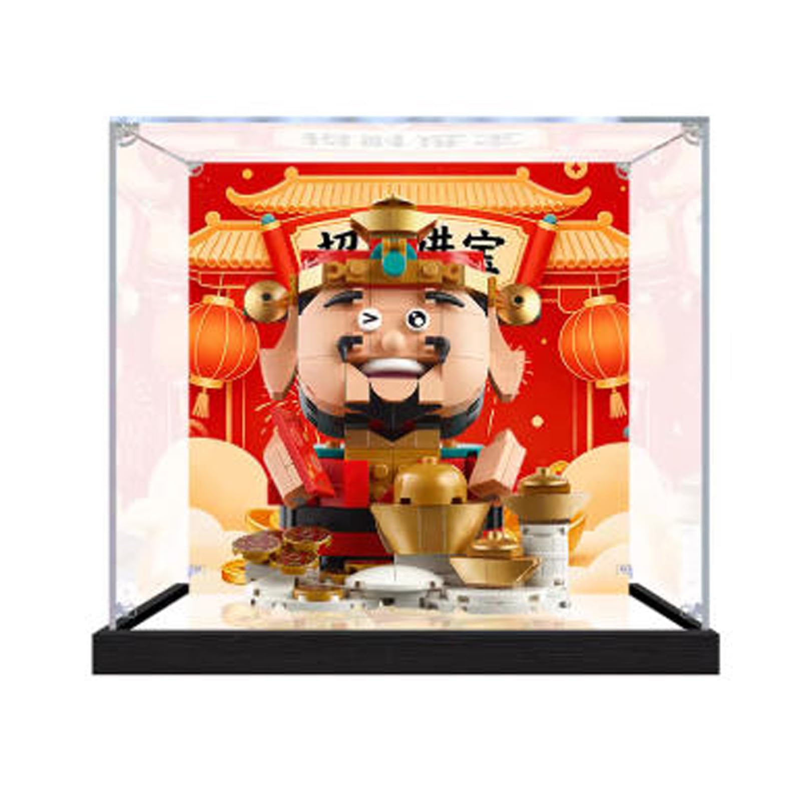 Akrylowa witryna kompatybilna z Lego 40864 model God of Wealth, pyłoszczelne, przezroczyste pudełko do przechowywania, kompatybilne z Lego 40864 (model nie jest dołączony) (podstawa lustra + tło)
