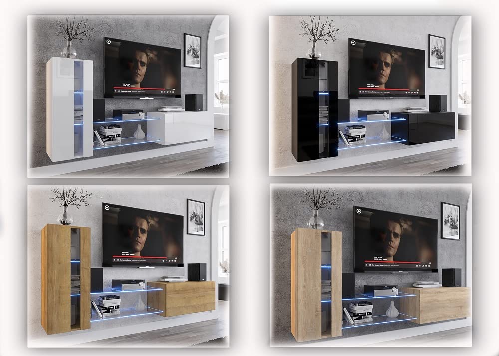 Furnitech Wohnwand Wohnzimmer, Möbel mit LED Weiß, Hängend Modern, Schrankwand mit Regale und TV Schrank (Future 45N-M-W4-1A)