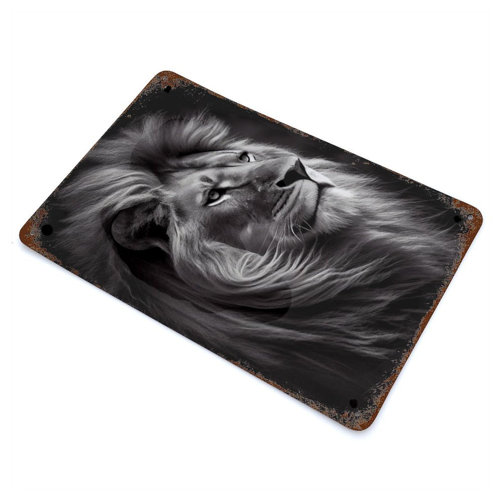 Distressed Metal Wall Sign with Lion Portrait Design 11.8"x7.9", for Office, Studio And Wall Decor, Industrial Home Decor