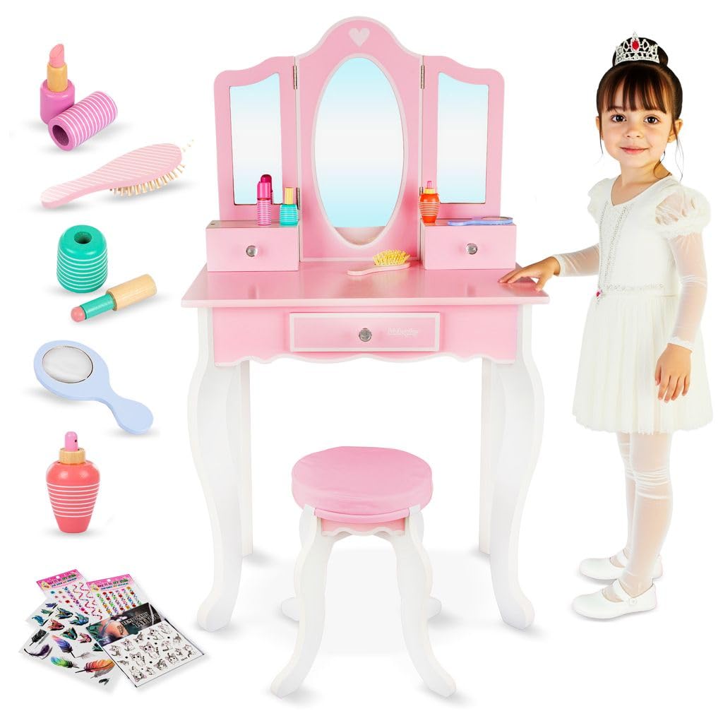 Kinderplay duża drewniana toaletka dla dziewczynki z lustrem – toaletka z akcesoriami, różowa toaletka dla dzieci, (GS3300)