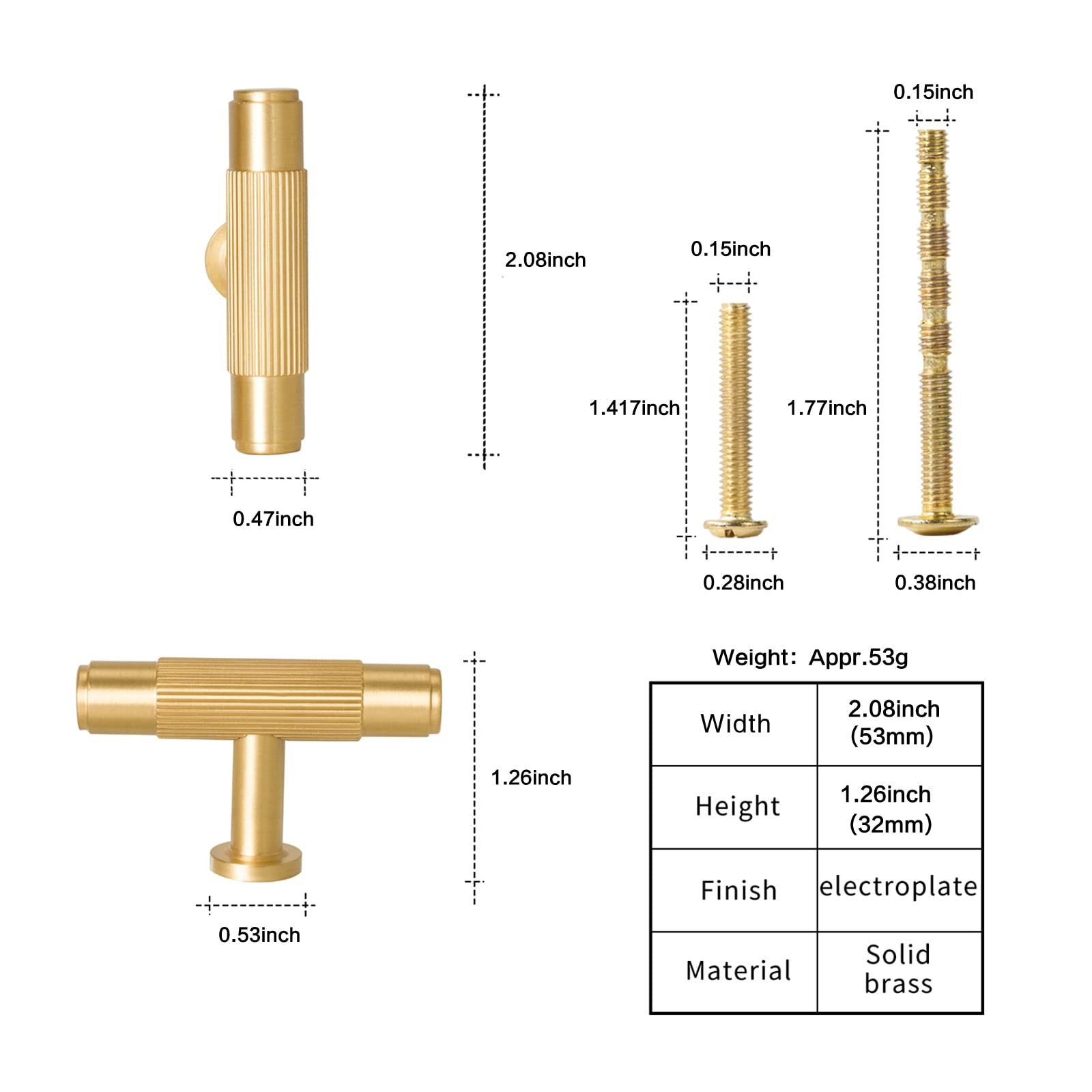 SALISENG - Lot de 6 boutons de tiroir dorés brossés, poignées d'armoire de cuisine en laiton massif, poignées en T de 5,2 cm, quincaillerie de meubles pour placard