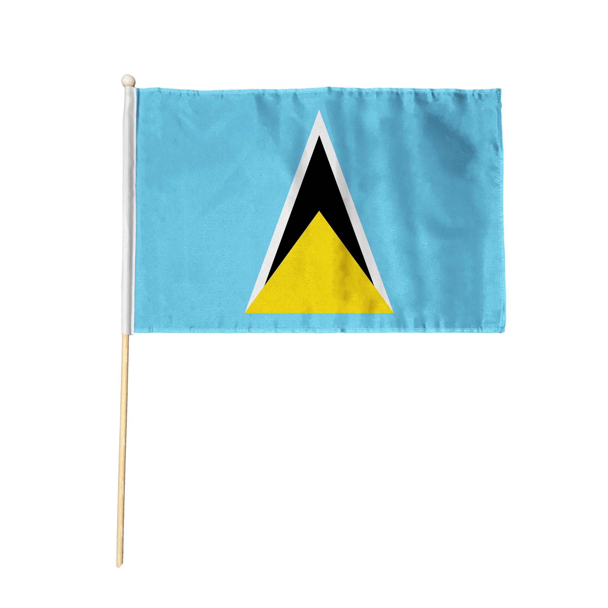 Flagtex Saint Lucia Hand Waving Flag (9x6 Inch) - Premium Wooden Stick Hand Flag 9x6 Inch Natural Wood Pole Caribbean Blue Yellow Triangle Pitons Flag Events Parades