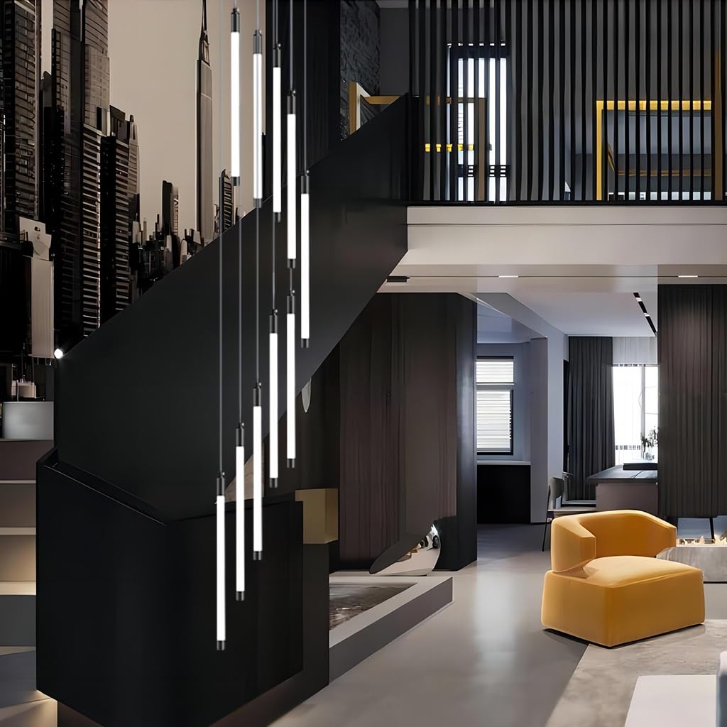 KXEcoLife Modern Black Chandelier Pendant Light 12 Lights Spiral Raindrop Fixture Height Adjustable for High Ceilings Ideal Entrance Staircase Lobby Living Room Villa Decor.