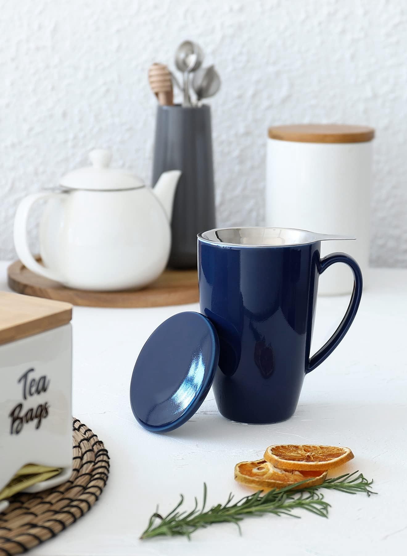 Tasse à thé en porcelaine avec infuseur et couvercle, accessoire de thé avec filtre, tasse à thé en vrac avec infuseur, 450 ml pour thé/café/lait/bureau/maison/cadeau (Beu Royal)
