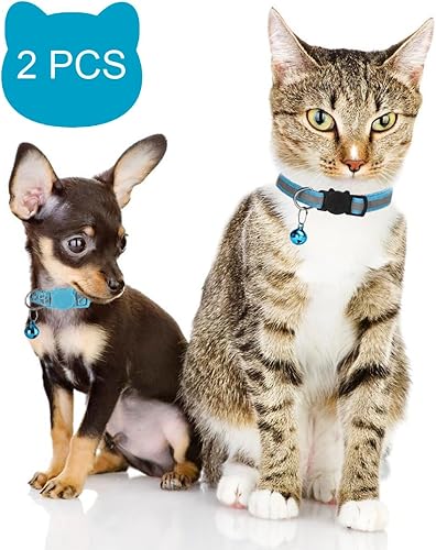 Miniatura 5 de Paquete de 2 collares de gato con campanas, collares reflectantes para gatos con hebilla de seguridad separable, nailon, ajustable de 7 a 12