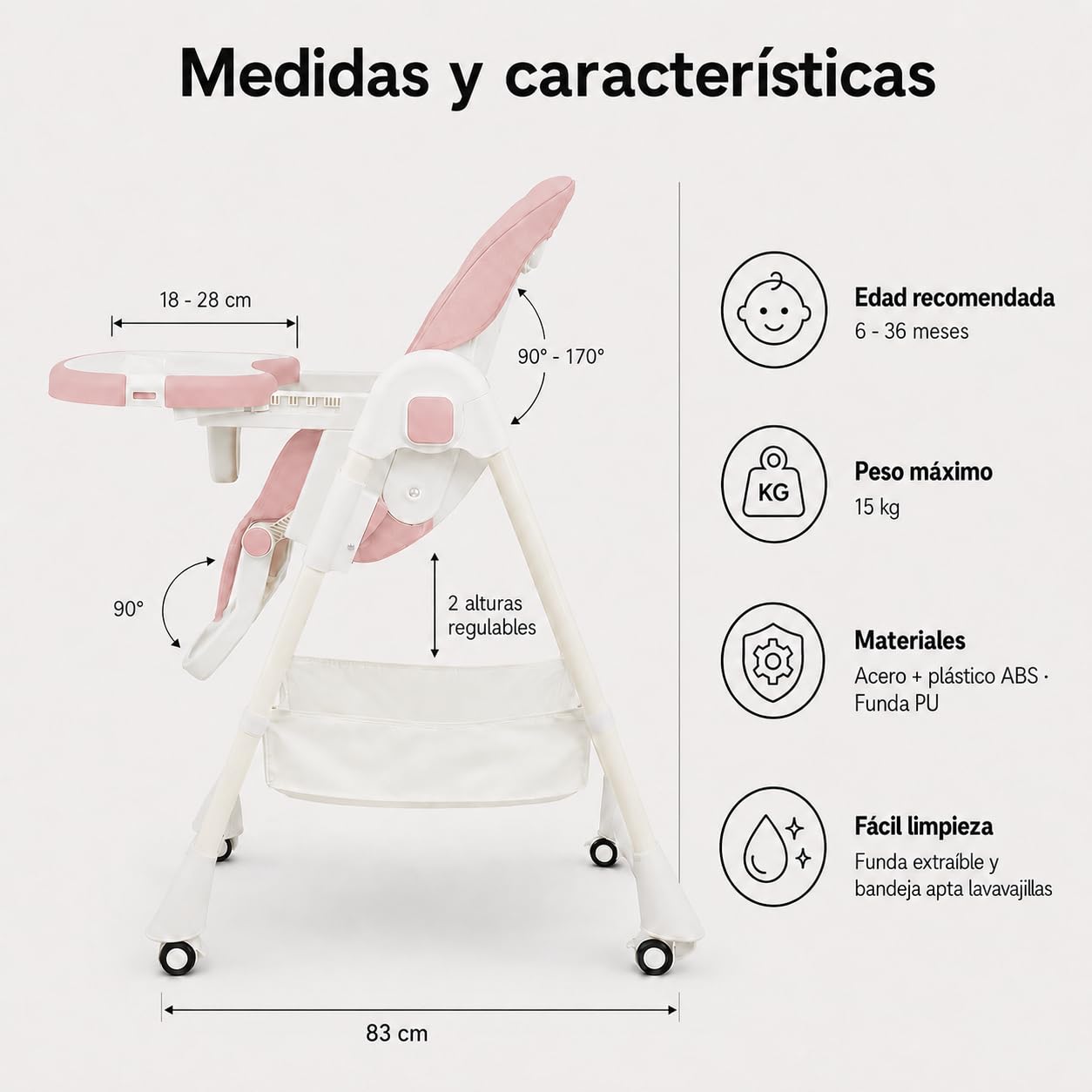 ALMAR Baby Trona de bebe evolutiva, plegable, elevable y reclinable con bandeja extraible color Rosa