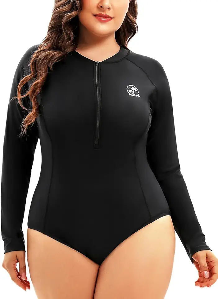 Maiô feminino Rash Guard de manga comprida com zíper FPS 50+ Plus Size