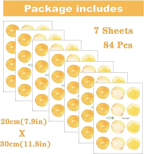 Miniatura 3 de sacinora - 7 hojas de 84 calcomanías de pared de lunares de acuarela amarilla brillante dorada, calcomanía de pared de arte circular extraíble de
